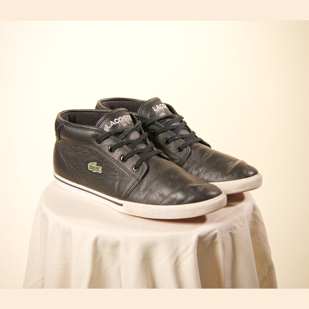 Lacoste Men’s US 10 Black Leather Mid Top Sneakers Lace Up Casual Shoes